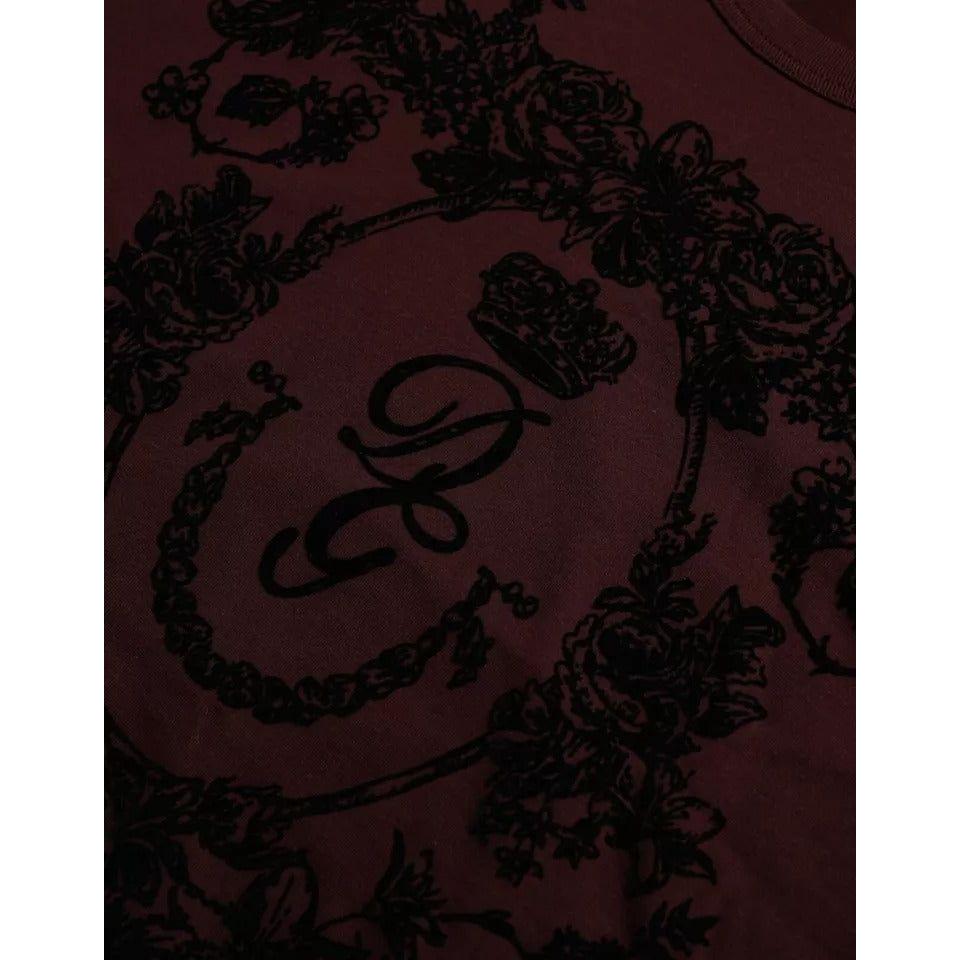 Dolce & Gabbana Maroon DG Crown Floral Crewneck Men T-shirt Dolce & Gabbana Black