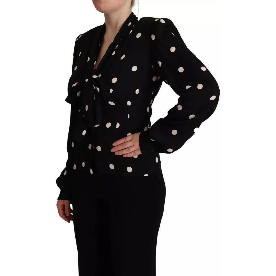 Dolce & Gabbana Black Polka Dots Silk Pussy Bow Long Sleeves Top Dolce & Gabbana Black