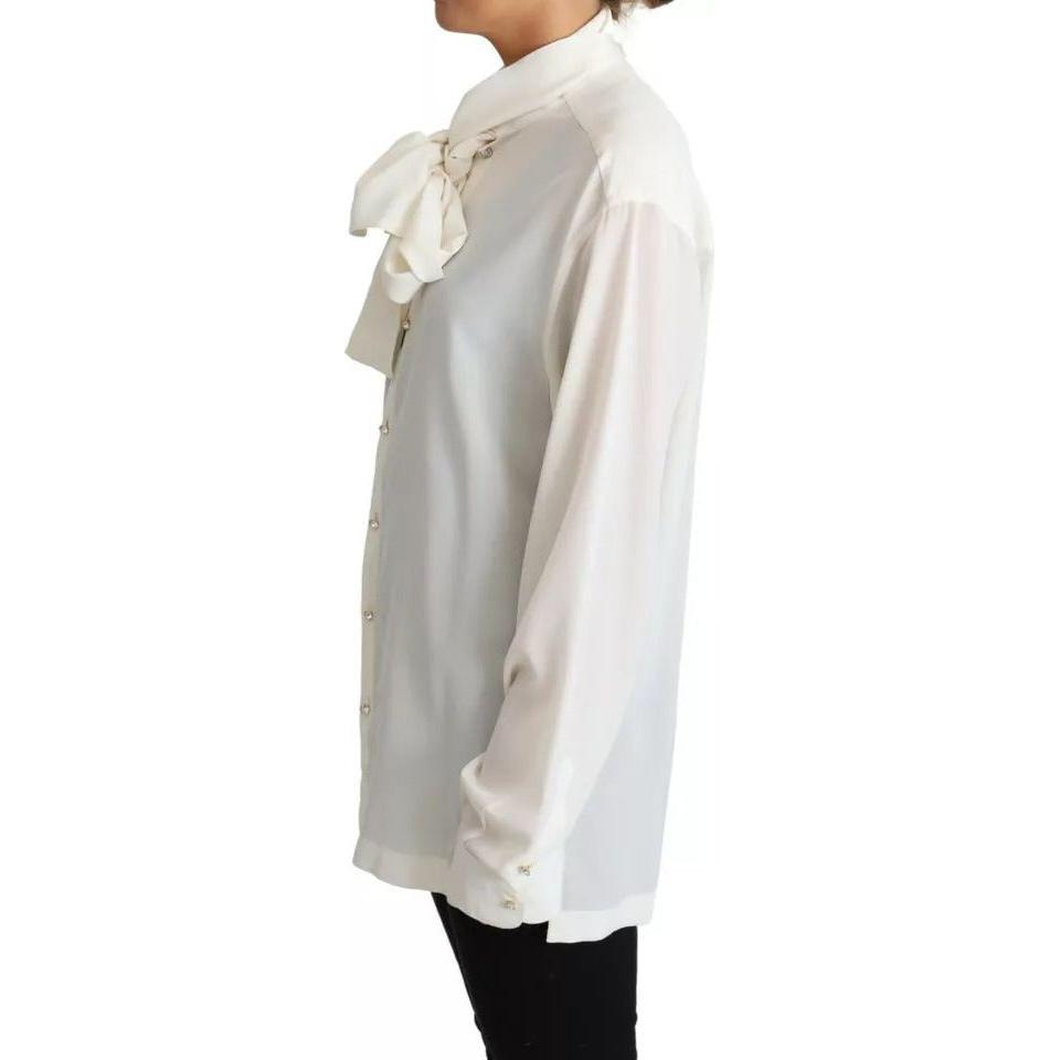 Dolce & Gabbana White Blouse Ascot Collar Shirt Silk Top Dolce & Gabbana Gray