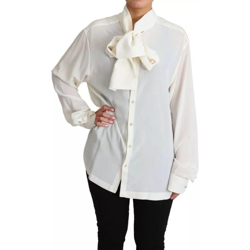 Dolce & Gabbana White Blouse Ascot Collar Shirt Silk Top Dolce & Gabbana Light Gray