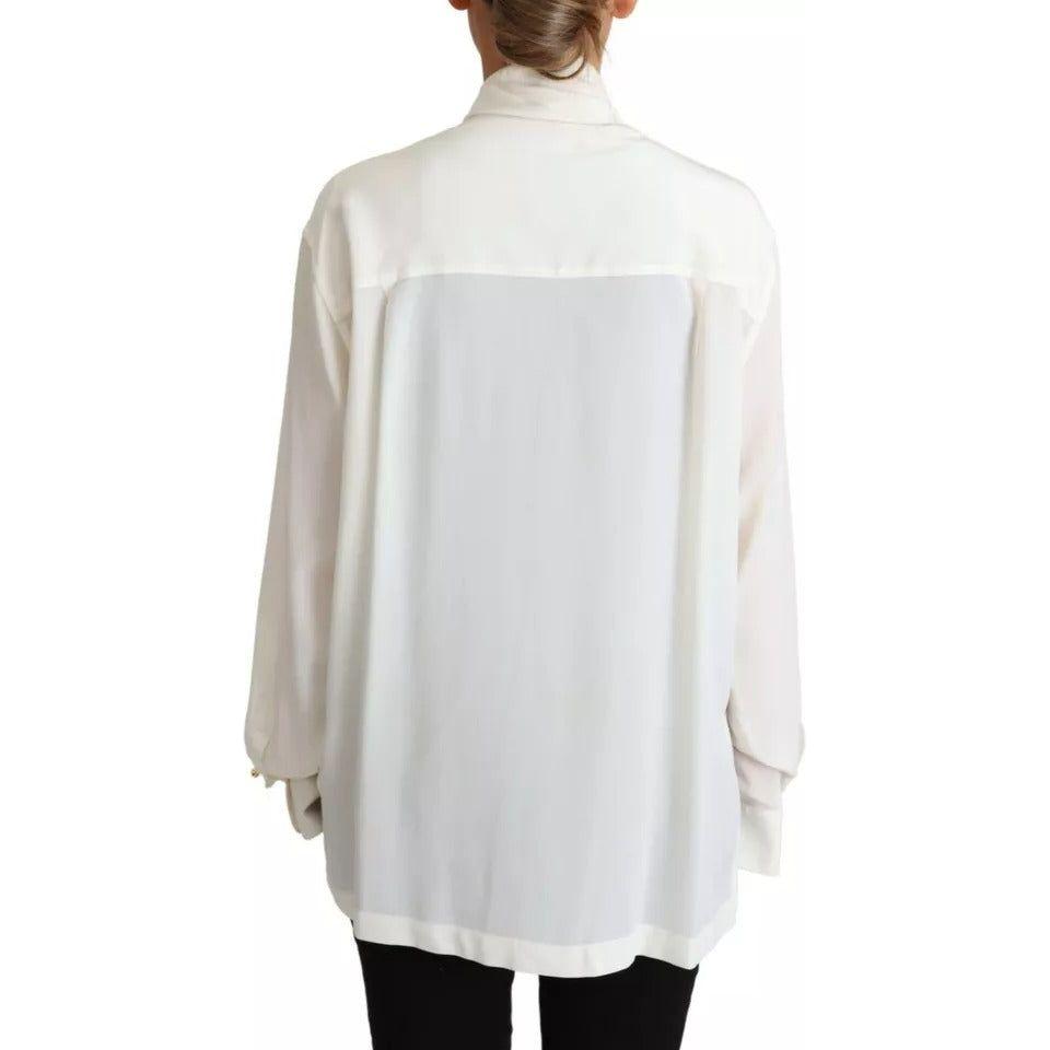 Dolce & Gabbana White Blouse Ascot Collar Shirt Silk Top Dolce & Gabbana Light Gray