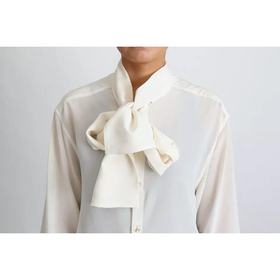 Dolce & Gabbana White Blouse Ascot Collar Shirt Silk Top Dolce & Gabbana Light Gray