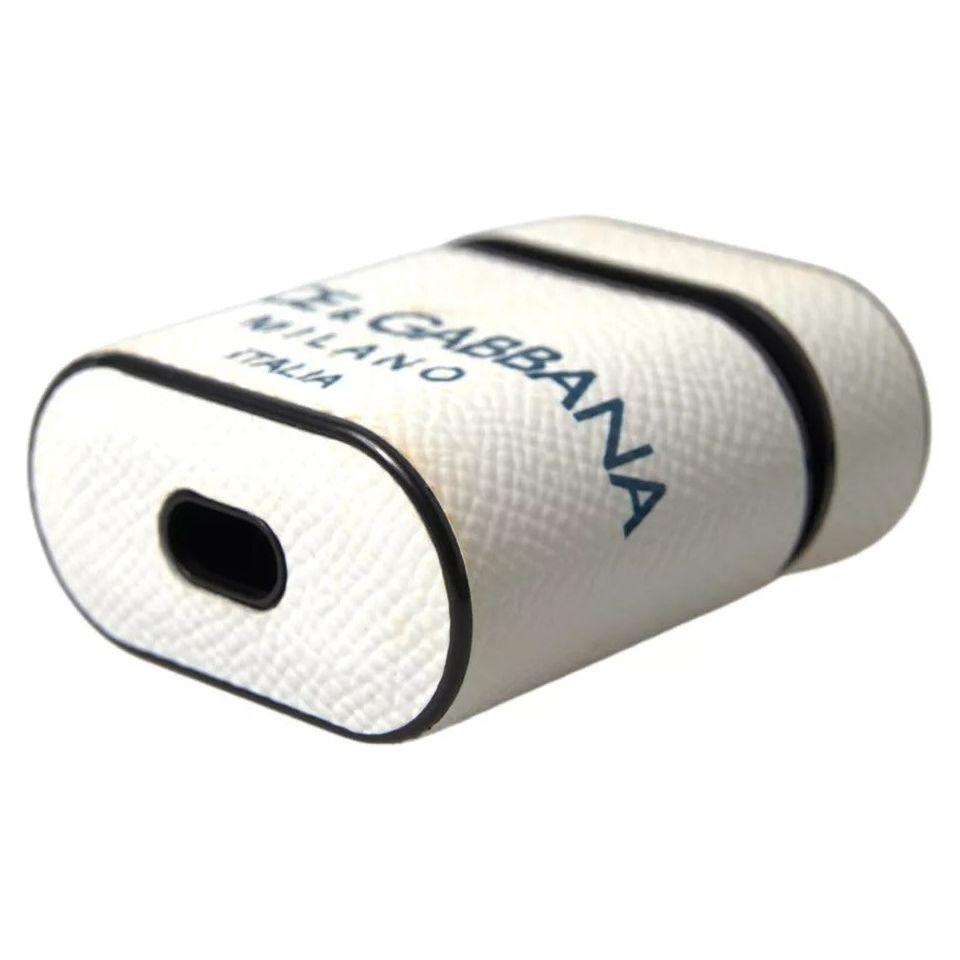 Dolce & Gabbana White Blue Calf Leather Logo Print Strap Airpods Case Dolce & Gabbana Antique White