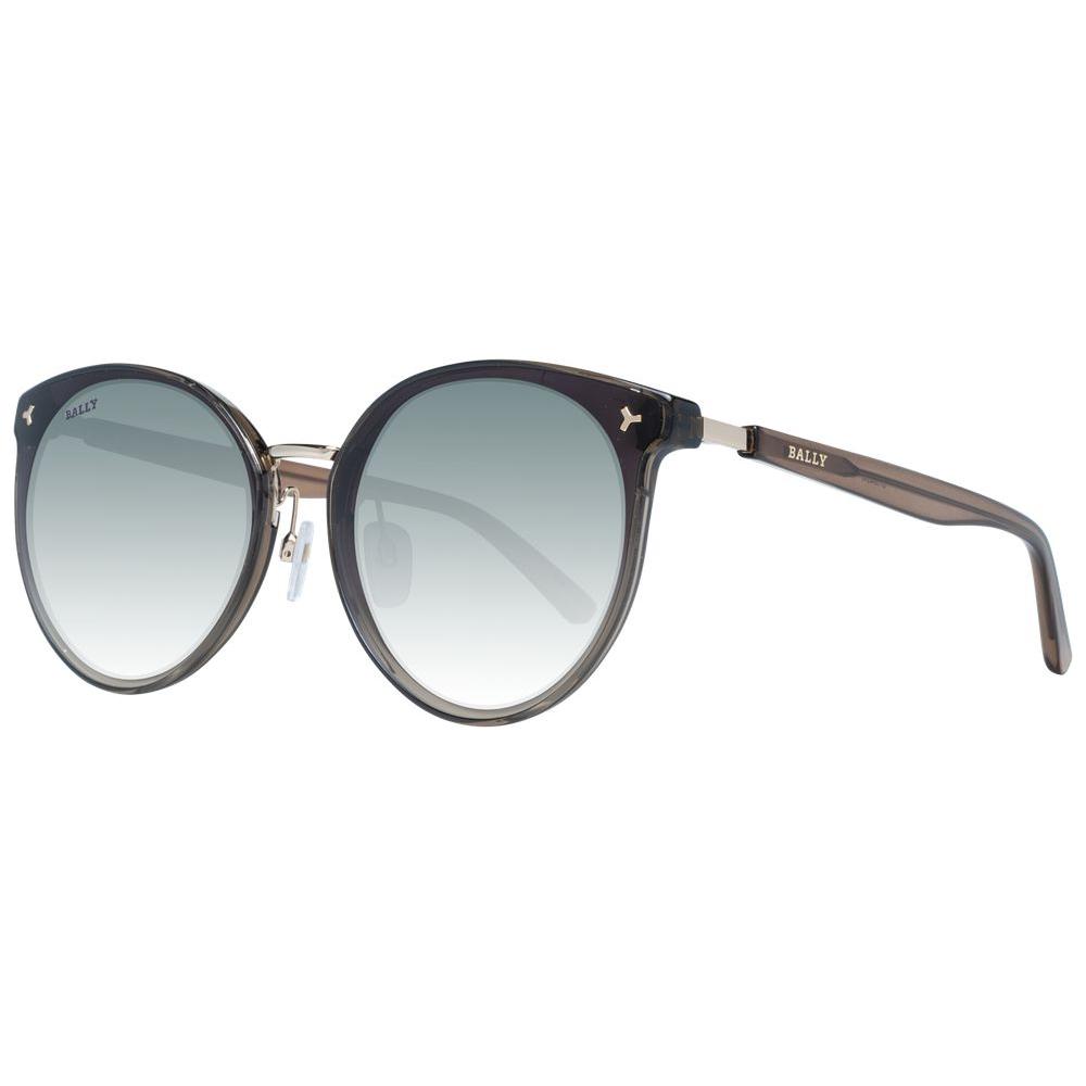 Bally black women's sunglasses with round gradient lenses, black metal and plastic frame, full-rim design, 100% UVA & UVB protection.