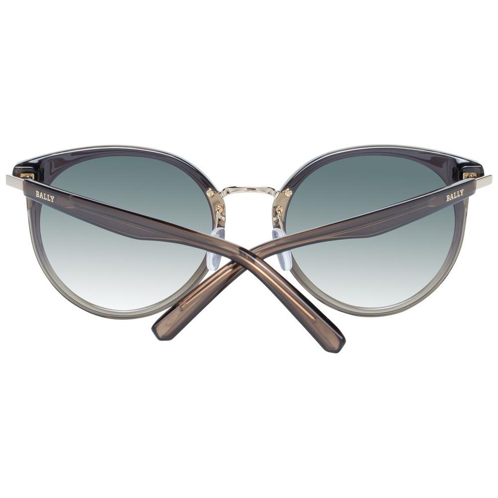 Bally black women’s sunglasses with round gradient green lenses, metal & plastic frame, full-rim style, 100% UVA & UVB protection.
