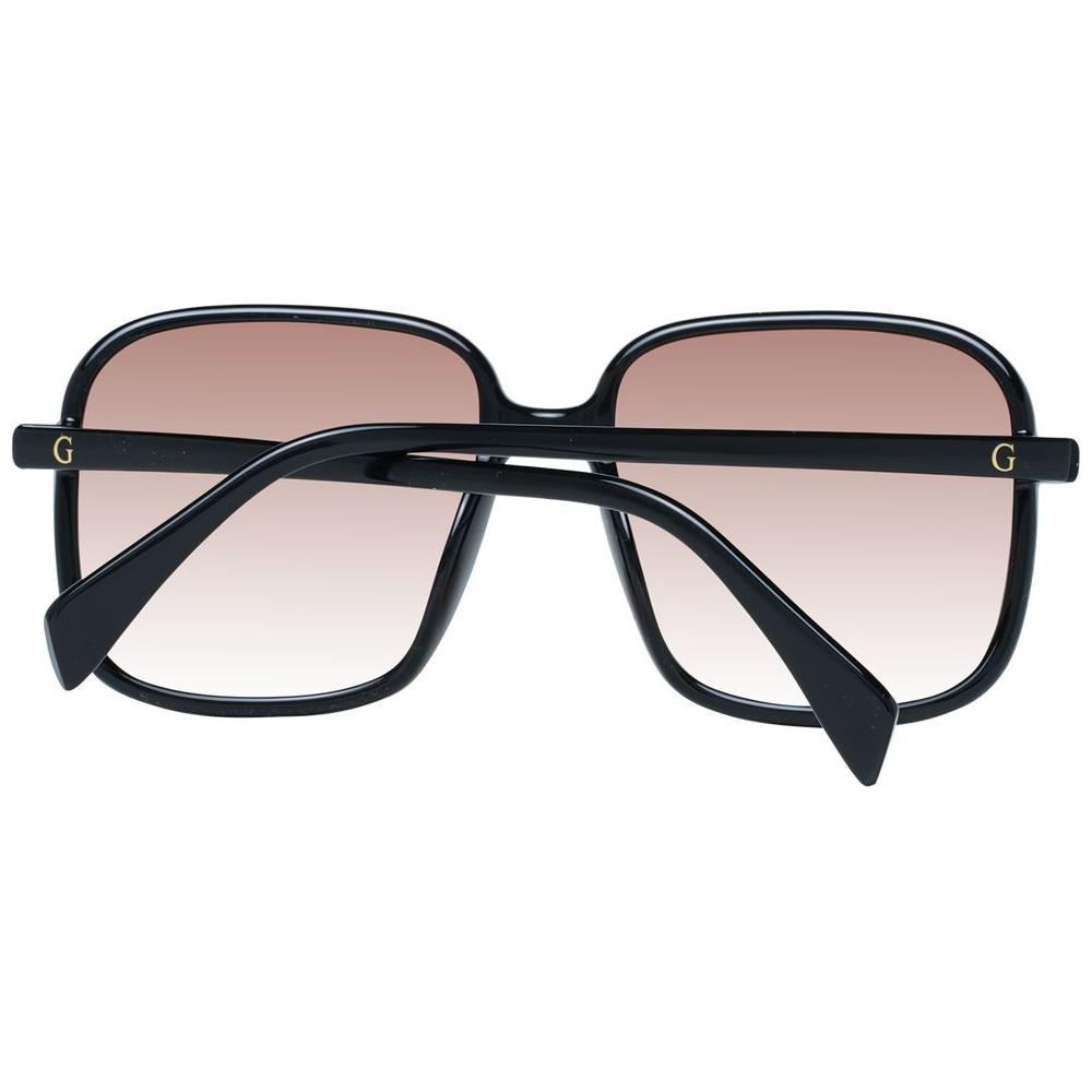 Guess black square sunglasses for women with brown gradient lenses, full-rim plastic frame, 100% UVA & UVB protection, includes case.