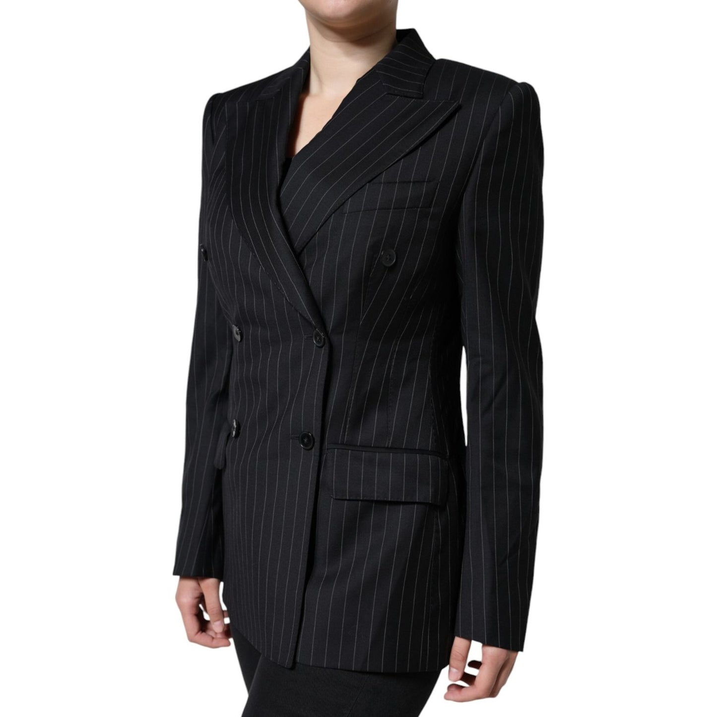 Dolce & Gabbana Black Striped Double Breasted Coat Jacket Dolce & Gabbana Black