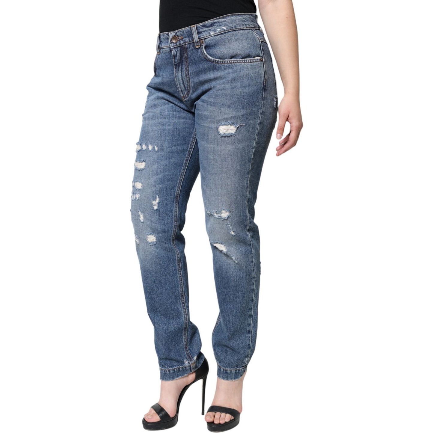Dolce & Gabbana Blue Cotton Tattered Boyfriend Denim Jeans Dolce & Gabbana Dim Gray