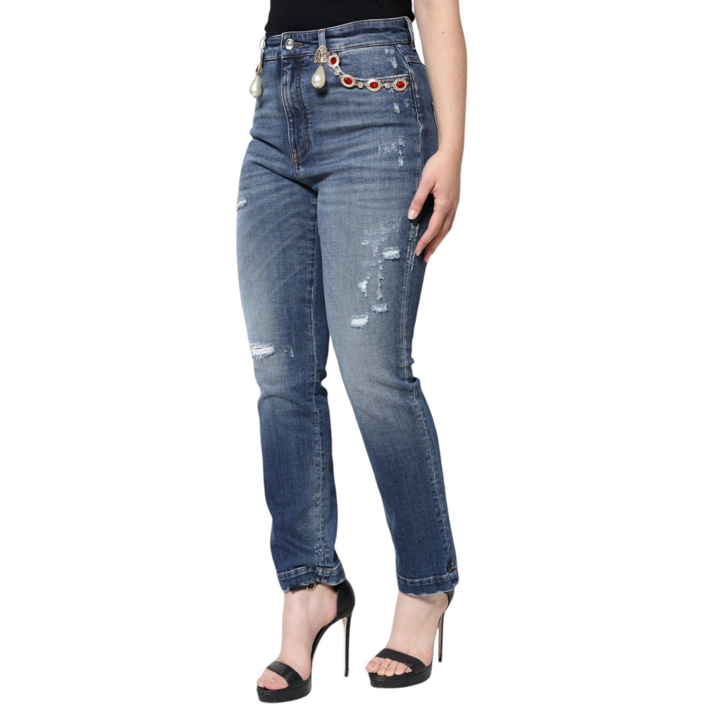 Dolce & Gabbana Dark Blue Cotton Tattered Skinny Denim Jeans Dolce & Gabbana Dim Gray