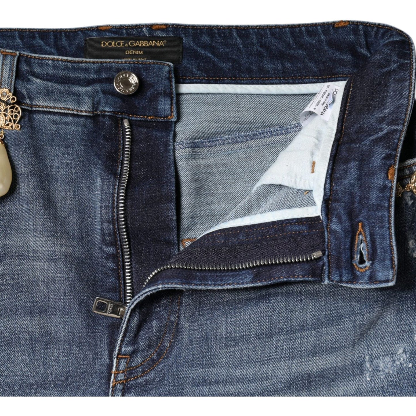 Dolce & Gabbana Dark Blue Cotton Tattered Skinny Denim Jeans Dolce & Gabbana Dark Slate Gray