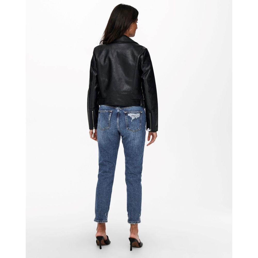 Back view of woman wearing Only Black Polyester Biker Jacket with jeans, featuring zippers and lapel collar for edgy style.