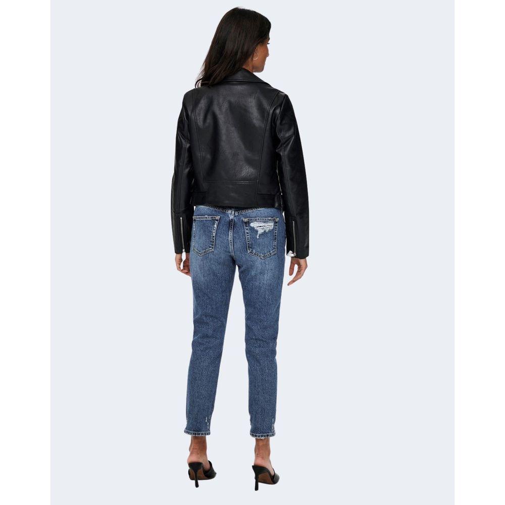 Woman wearing Only Black Polyester Leather Biker Jacket, blue jeans, and heels, showcasing back view and trendy style.