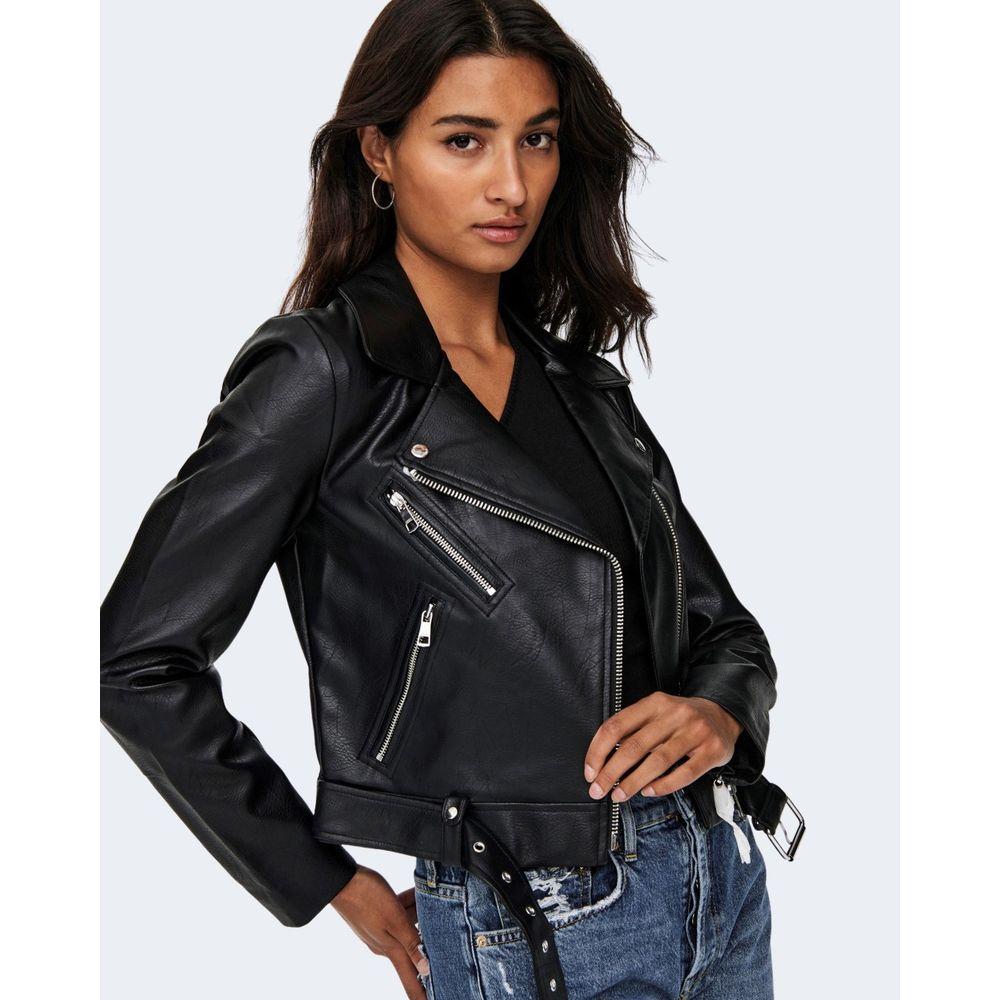 Women's black faux leather biker jacket with zippers and lapel collar, made from polyester and cotton for a soft, comfortable fit.