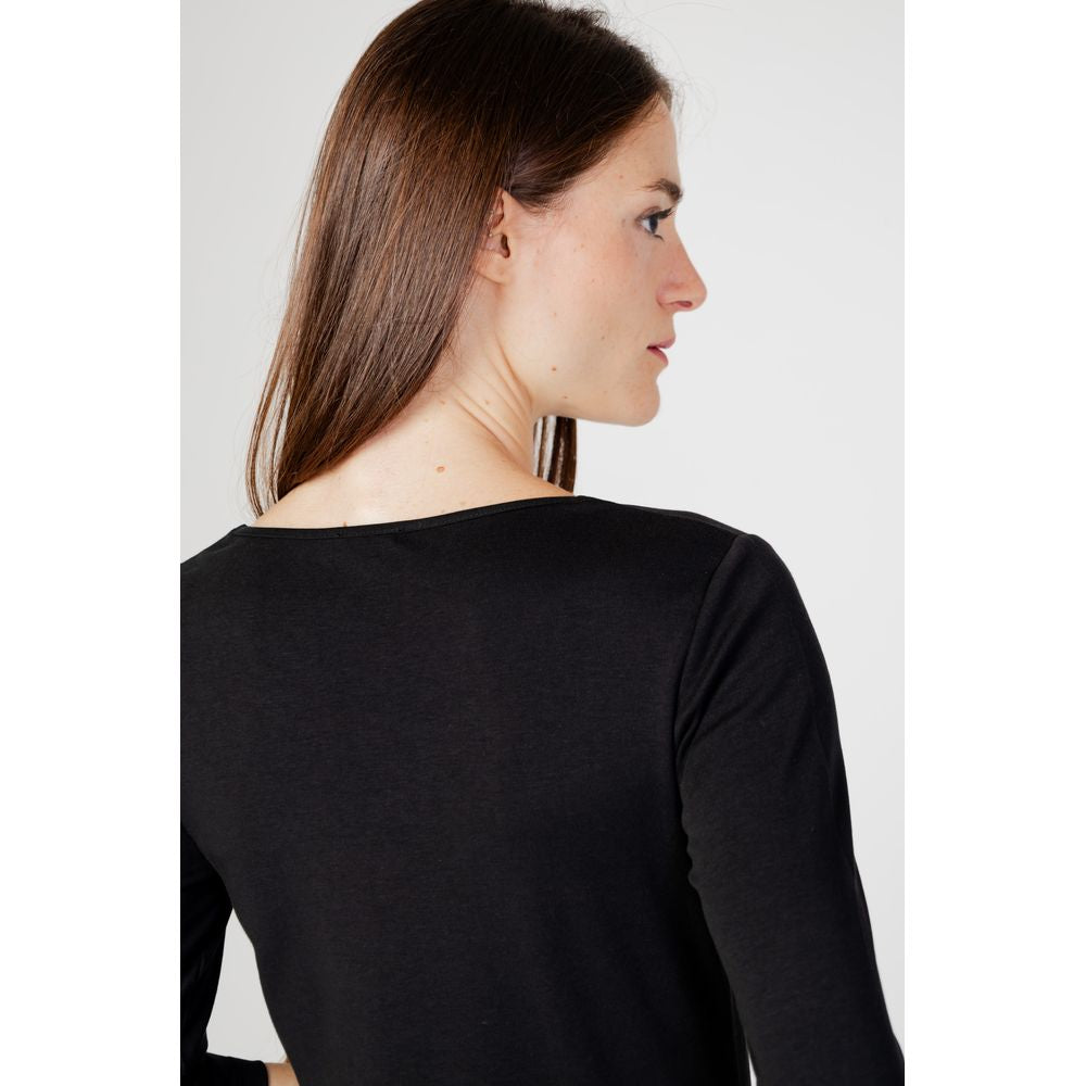 Model wearing Street One women's black long sleeve t-shirt with cotton-modal blend, part of the autumn/winter collection.