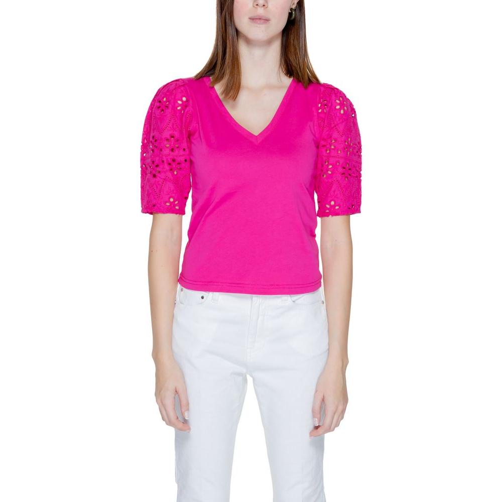 Morgan De Toi pink cotton T-shirt with lace sleeves, spring/summer collection, women's fashion top