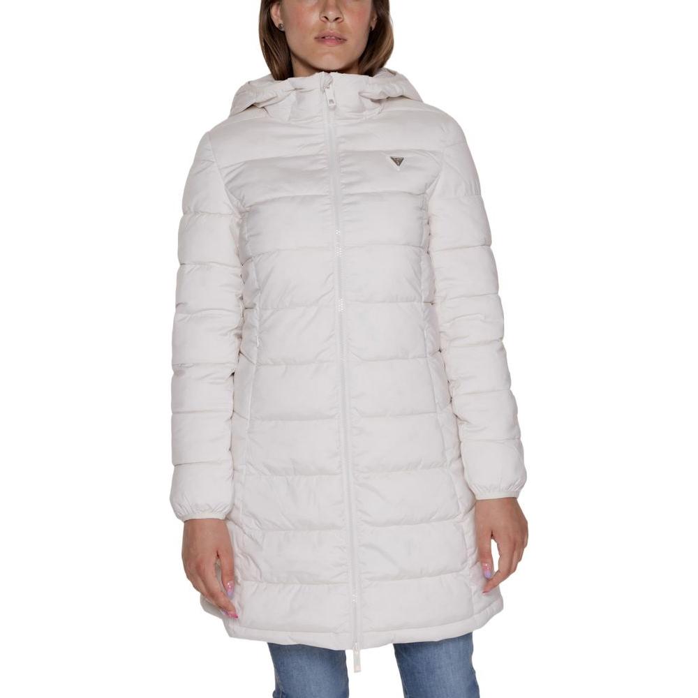 Women's Guess Active white puffer jacket, long design with hood and zip closure, made of polyester and elastane for winter comfort.
