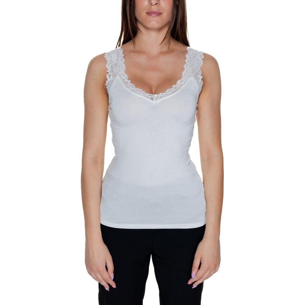 Vero Moda white viscose tank top for women, perfect for spring-summer, featuring a lace trim and made from 95% viscose and 5% elastane.