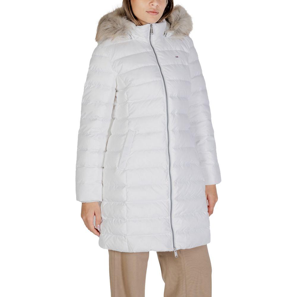Women's white recycled polyester jacket from Tommy Hilfiger with faux fur hood, perfect for fall and winter fashion.