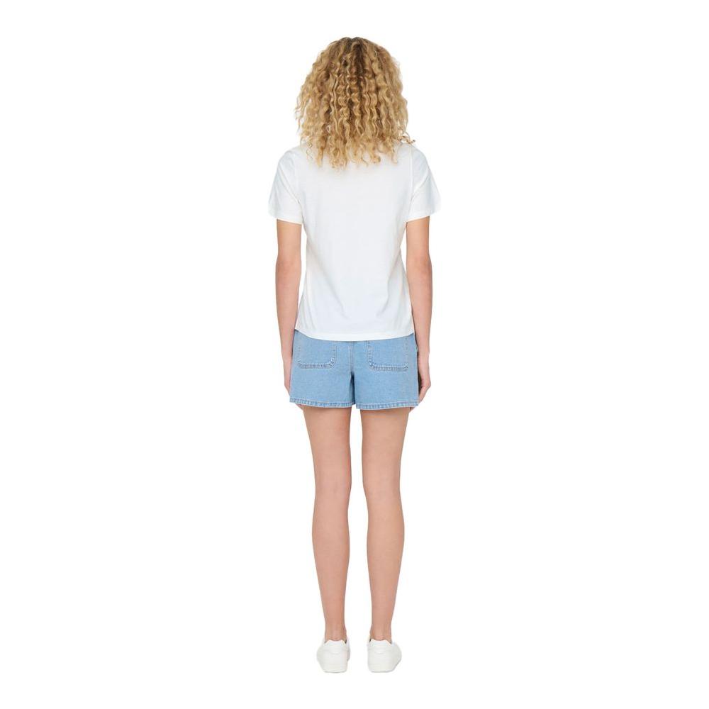 Back view of a model wearing a Jacqueline De Yong white cotton t-shirt and denim shorts, part of the Spring/Summer collection.