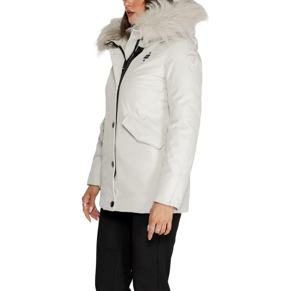 Women's white Blauer polyester jacket with faux fur hood, fall/winter collection.