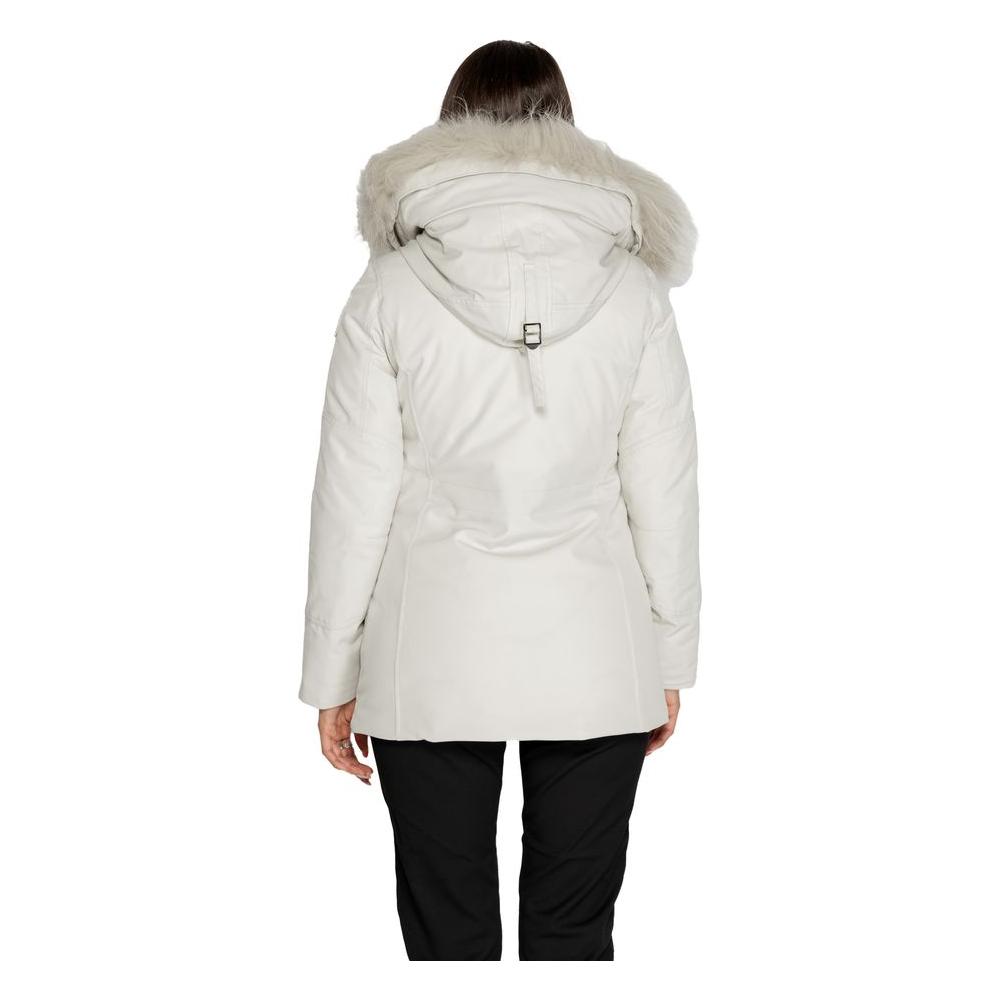 Back view of Blauer women's white polyester jacket with fur hood, fall/winter collection, made of polyester, polyamide, and elastene.