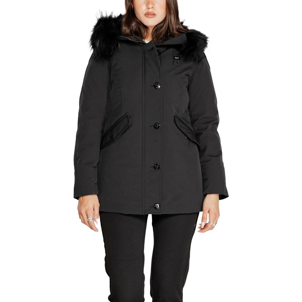 Blauer black polyester women's jacket with faux fur hood, fall/winter collection, 68% polyester, stylish and warm coat.
