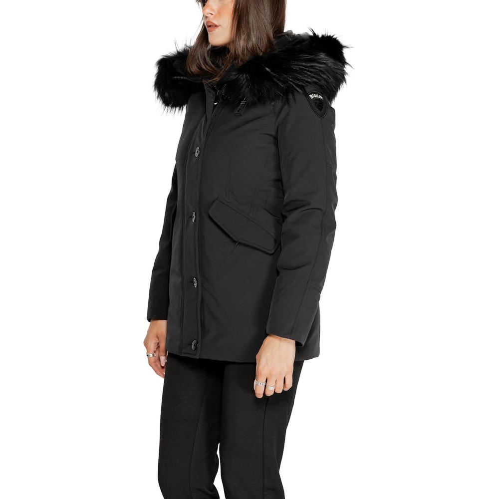 Blauer black polyester jacket for women, fall/winter collection with fur hood, stylish outerwear made of polyester, polyamide, elastene blend.