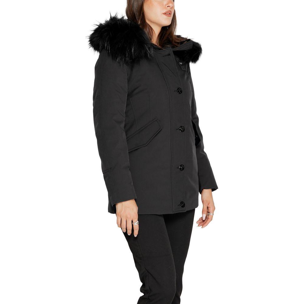 Women's Blauer black polyester jacket with fur collar, fall/winter collection; elegant and warm coat ideal for cold weather.