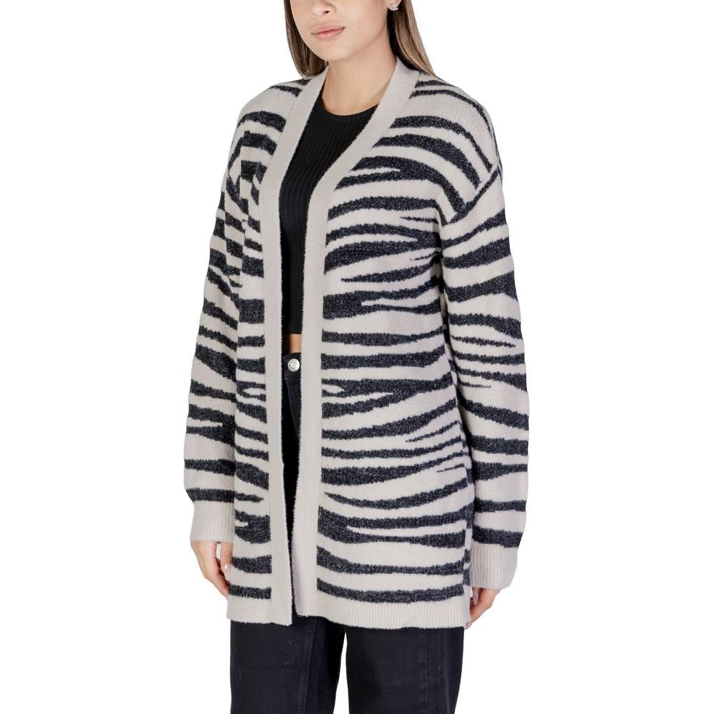 Women's zebra print cardigan by Jacqueline De Yong, fall/winter knitwear, featuring a cozy gray design with nylon, viscose, and polyester blend.