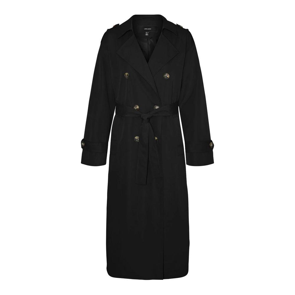 Vero Moda black polyester trench coat for women, spring/summer collection, featuring a stylish belted waist design.