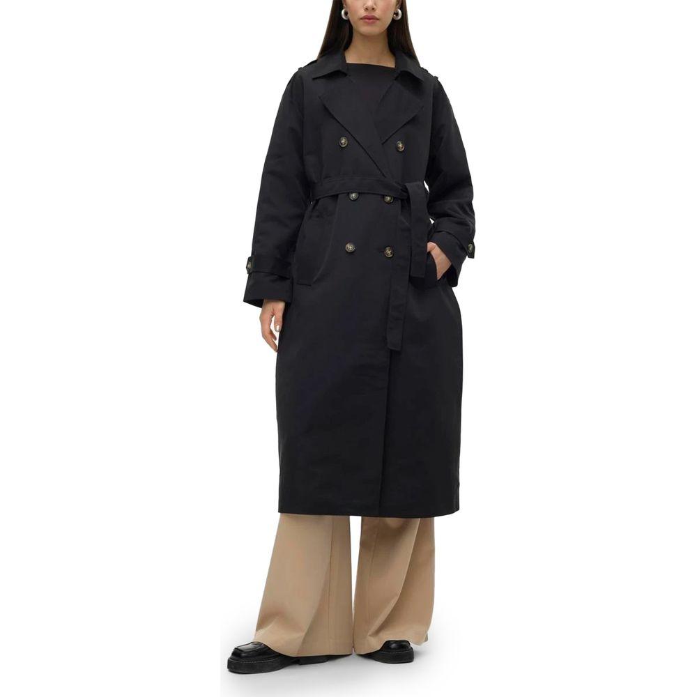 Vero Moda black polyester jacket and coat for women, spring/summer collection, elegant long trench style, double-breasted with belt.