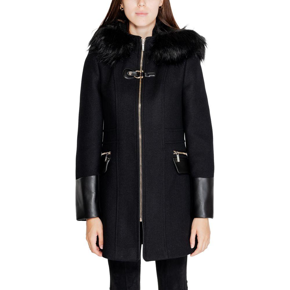 Morgan De Toi black wool jacket with fur trim and leather accents for fall/winter collection, 60% wool, women’s fashion coat.