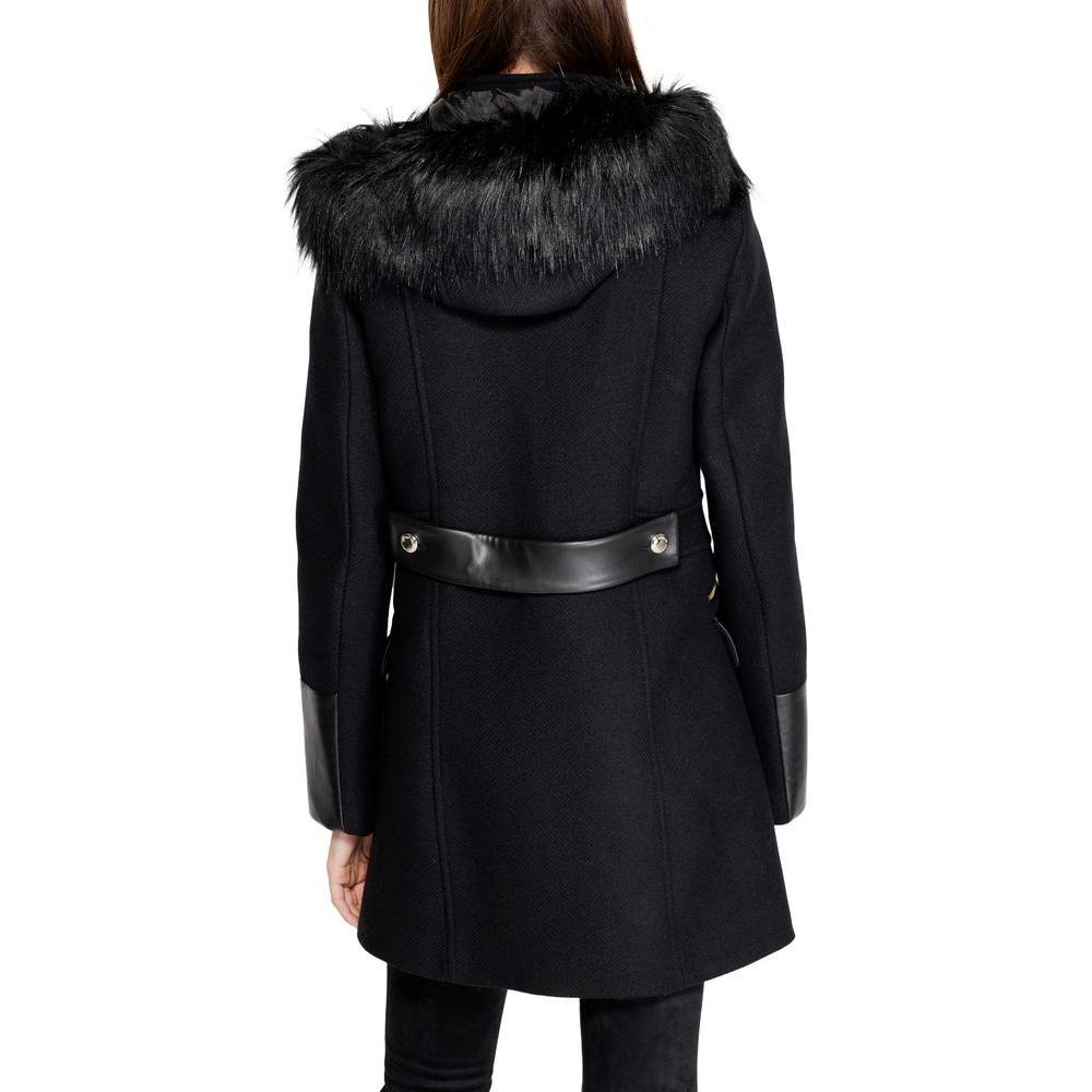 Morgan De Toi black wool jacket with faux fur trim, leather accents, and belt detail, part of women's fall/winter collection.