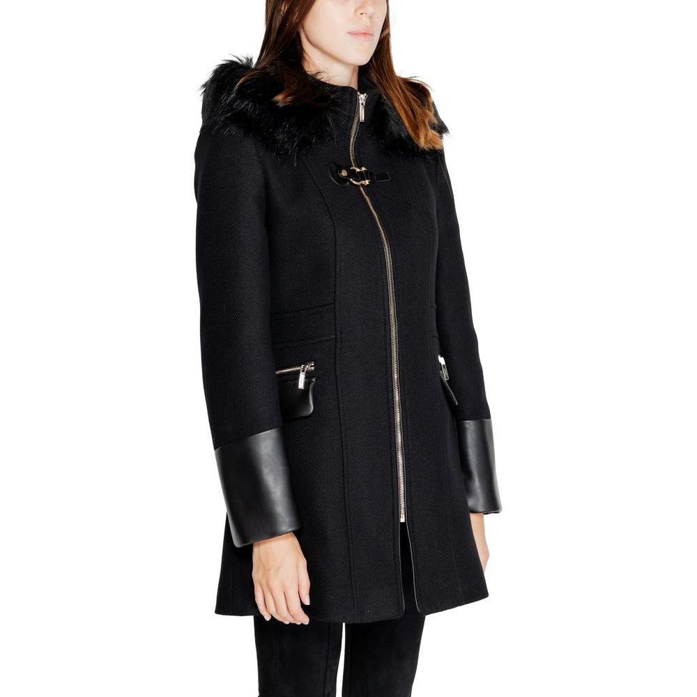 Morgan De Toi women's black wool jacket with leather accents, fall/winter collection. 60% wool, stylish and warm coat.