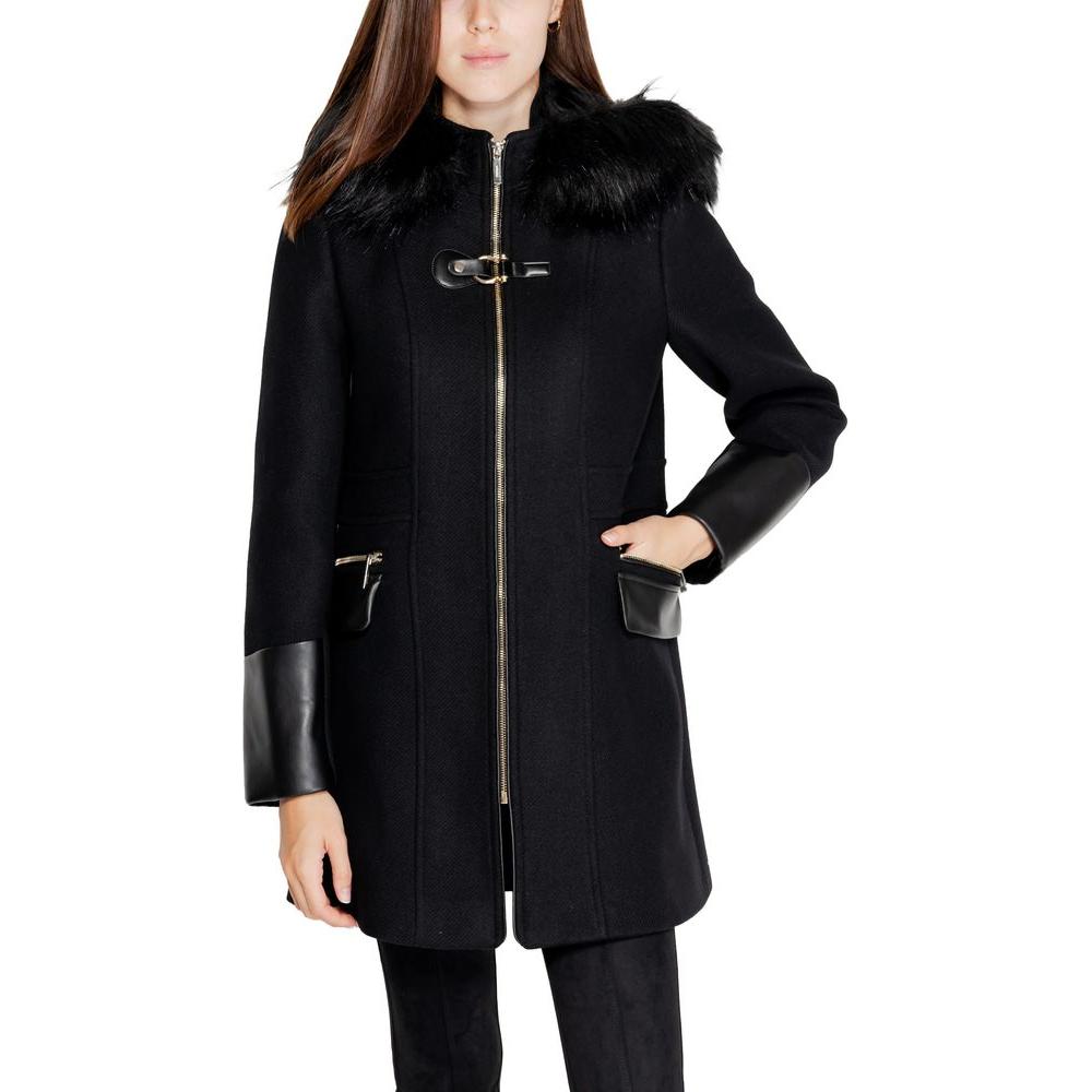 Morgan De Toi women's black wool coat for fall/winter, featuring leather accents and a fur-trimmed hood.