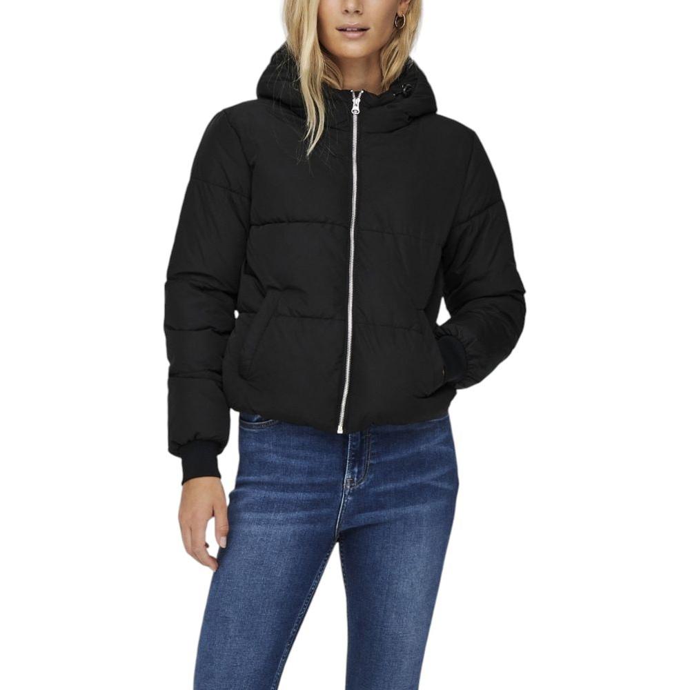 Jacqueline De Yong black polyester jacket and coat for women, fall/winter collection, featuring a hood and front zipper.
