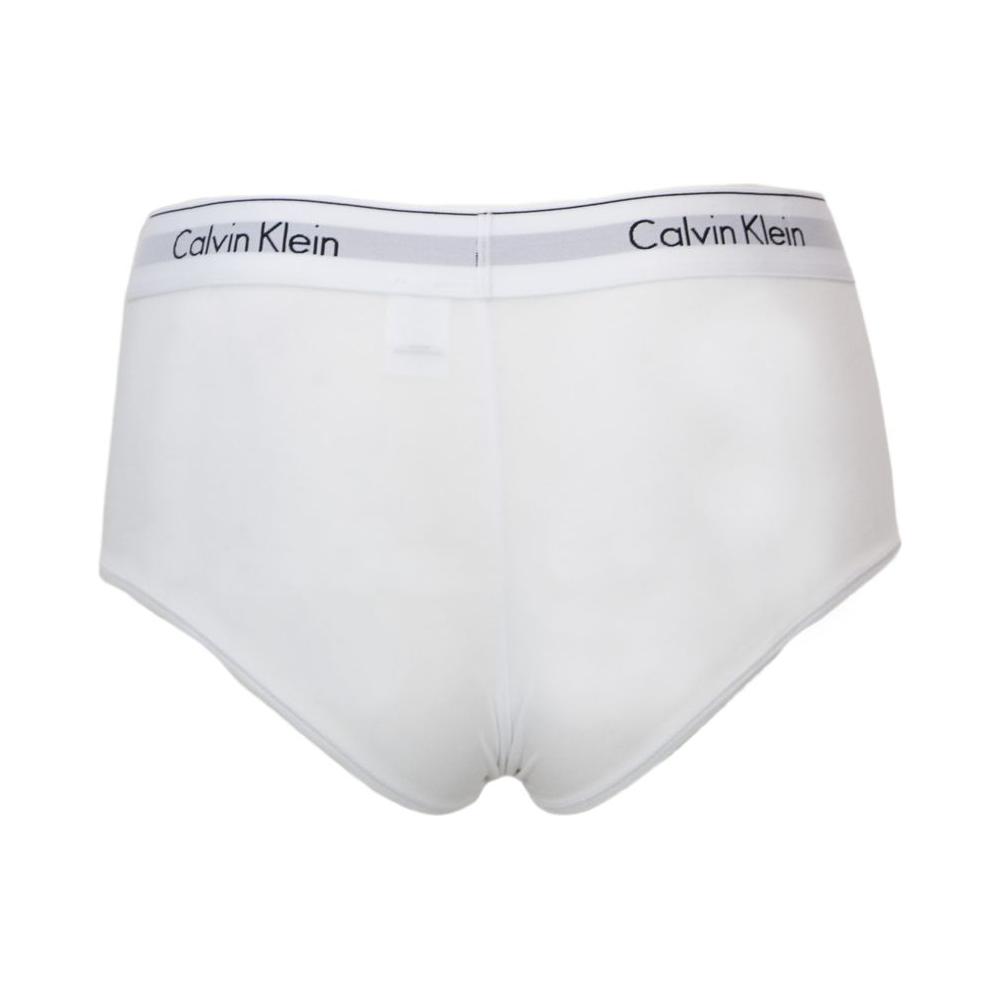 Calvin Klein white cotton boyshort underwear with logo waistband, offering comfort and style for women.