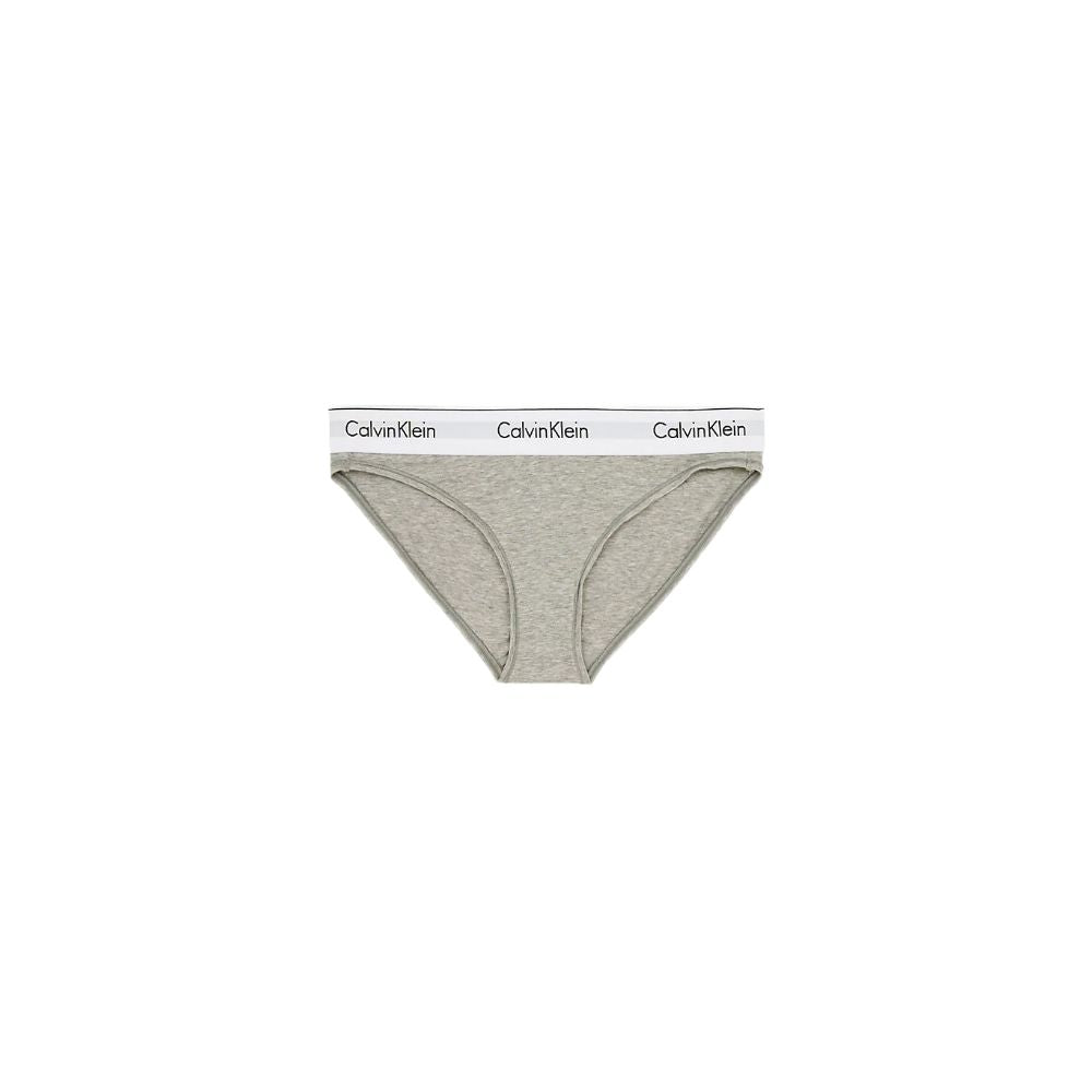 Calvin Klein gray cotton bikini briefs with logo waistband, women's underwear for comfort and style.