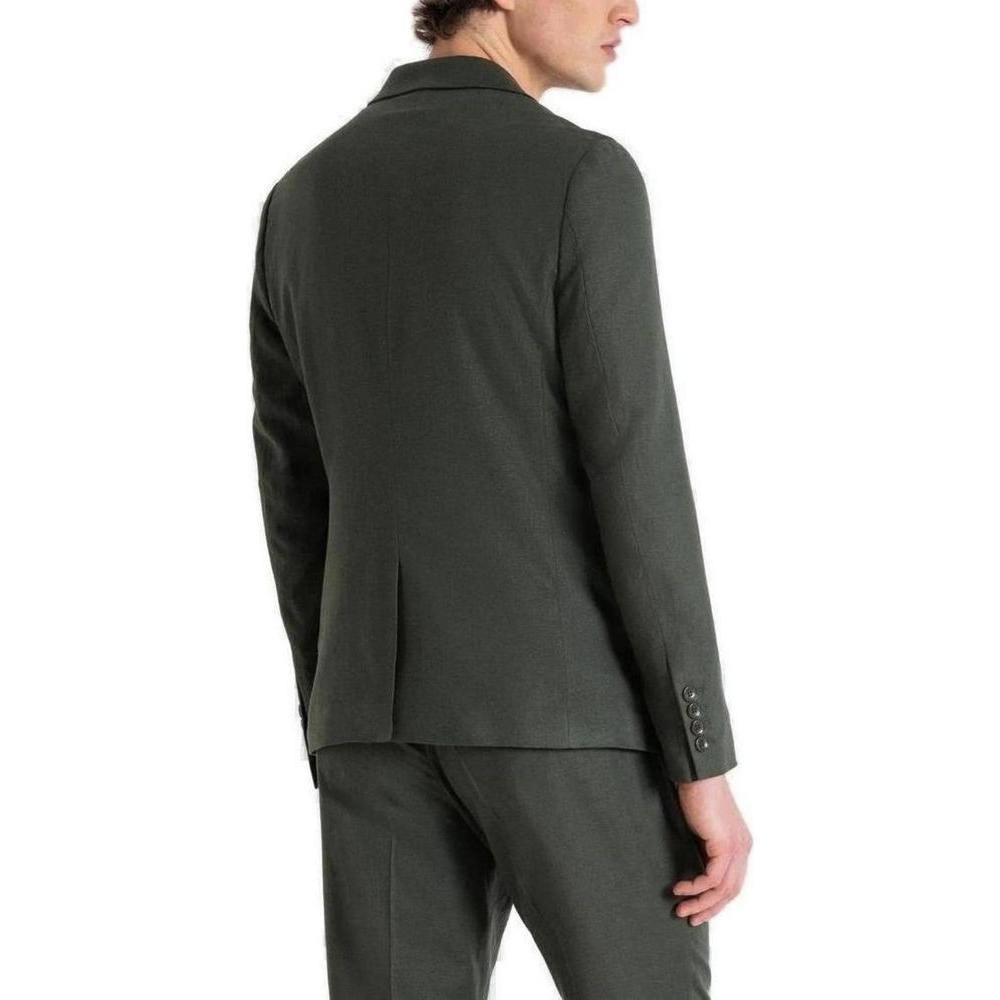 Back view of Antony Morato green linen suit, men's spring/summer collection, featuring sustainable linen-viscose fabric blend.