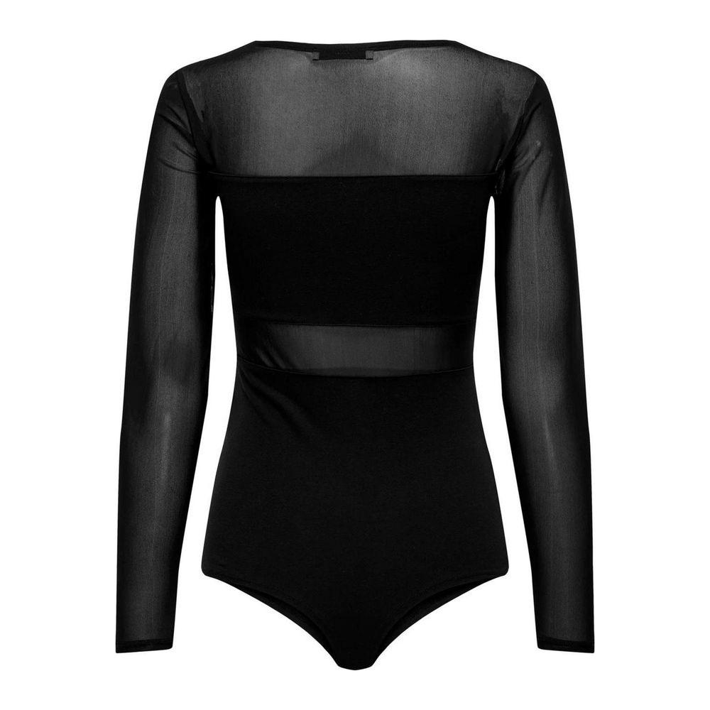 Black long-sleeve cotton bodysuit with mesh inserts, offering style and comfort for versatile wear.