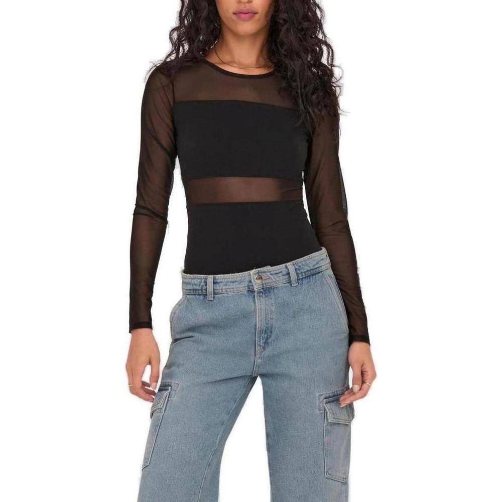 Women's black mesh long-sleeve t-shirt, cotton blend, paired with jeans; stylish and versatile fashion piece.