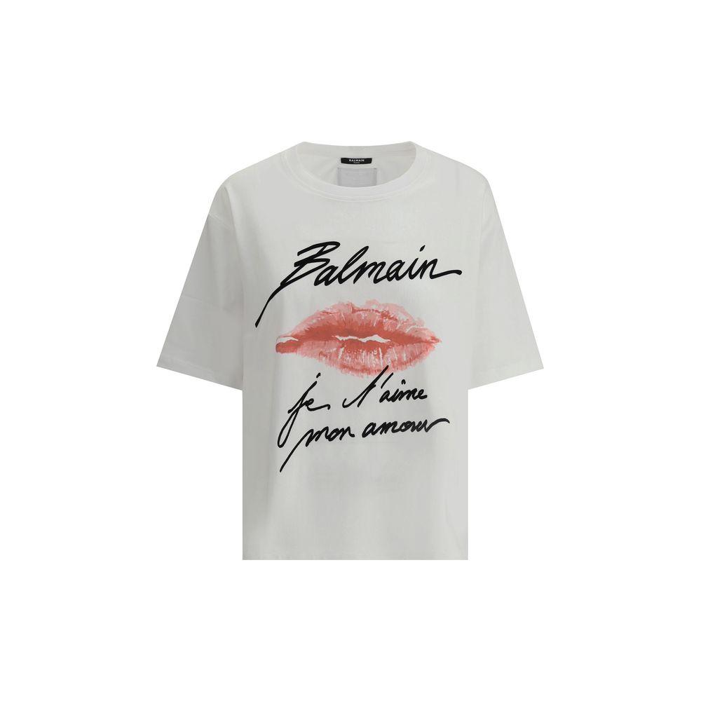 Balmain Kiss T-Shirt - Cotton top with ribbed neck, maxi kiss print, iconic brand monogram, monochrome pattern, and regular fit.