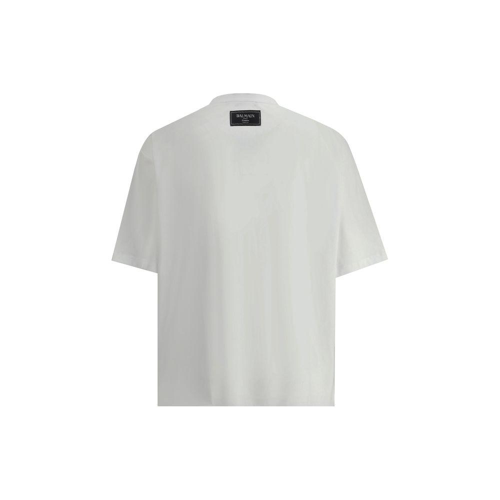 Back view of Balmain Kiss T-Shirt in cotton, featuring a ribbed crew neck and monochrome pattern with iconic monogram print.