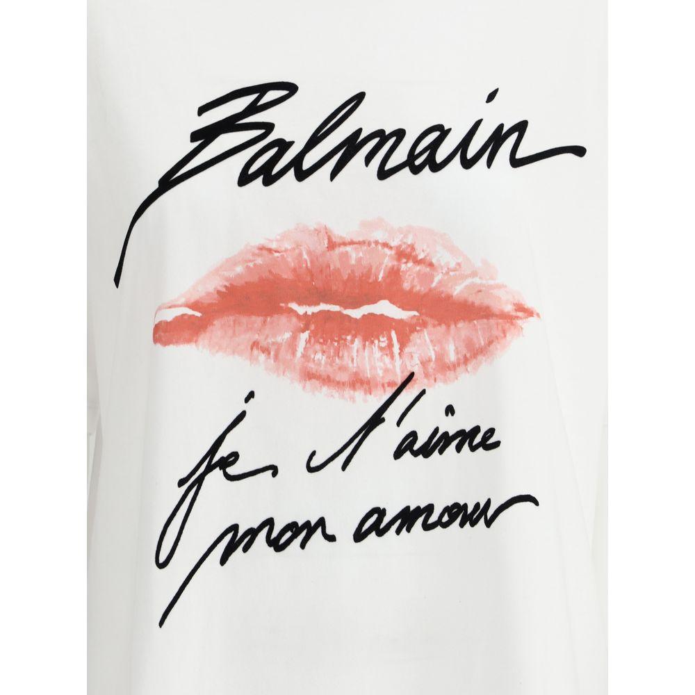 Balmain Kiss T-Shirt with ribbed crew neck and iconic monogram print, featuring a monochrome pattern and regular fit.