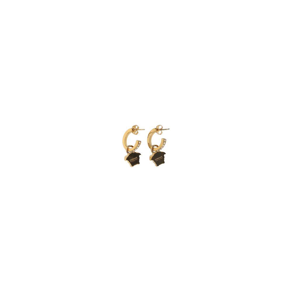 Versace earrings with iconic gold-plated Medusa head pendant and classic butterfly back closure.