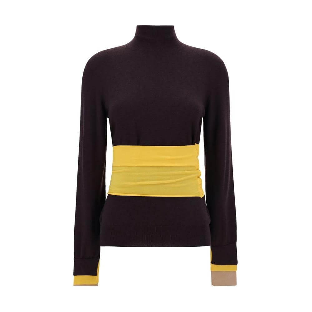 Fendi wool turtleneck sweater with ribbed high neck and yellow waistband, featuring trompe l'oeil cuffs and snap buttons, close fit.