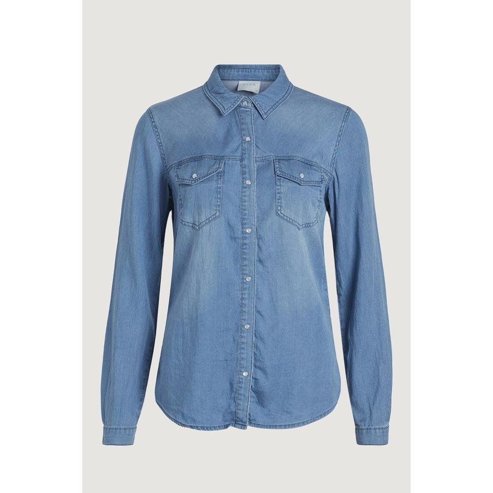 Vila Clothes Light Blue Cotton Shirt Vila Clothes Light Slate Gray