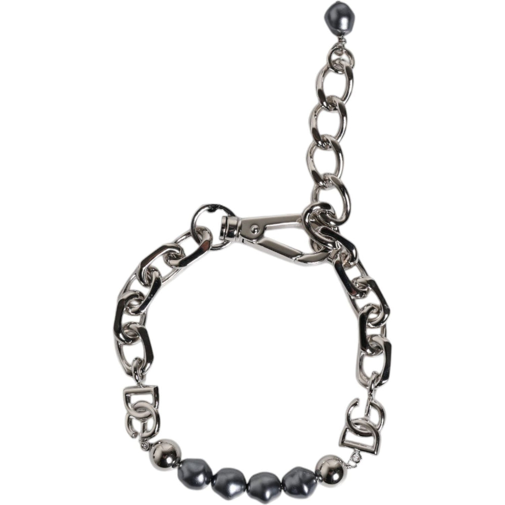 Dolce & Gabbana Silver Tone Chain Lobster Clasp Logo Gray Pearls Bracelet