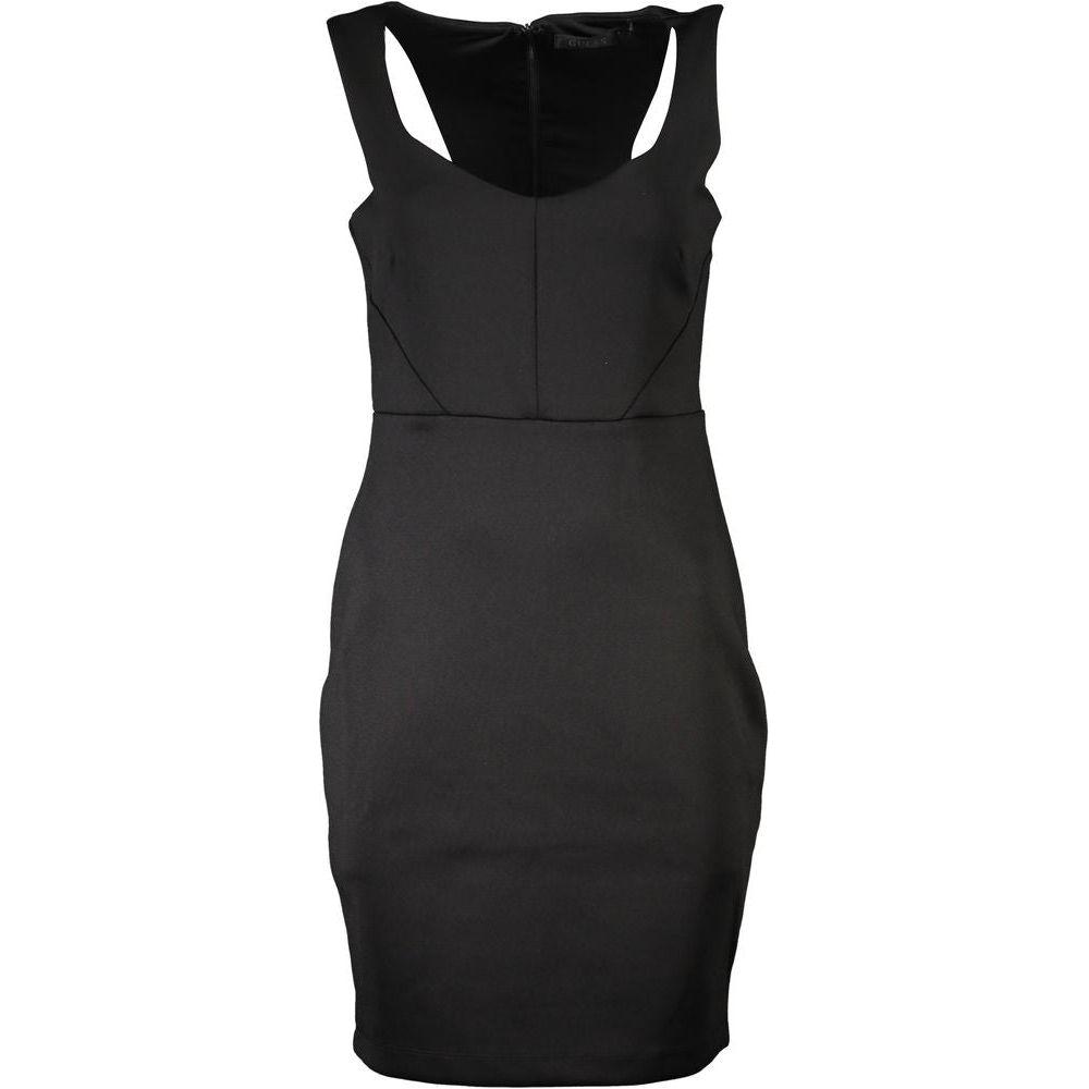 Black contrast detail dress with wide neckline by Guess Jeans, featuring wide straps and back zipper for an elegant look.