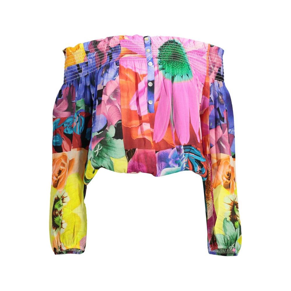 Multicolored off-the-shoulder blouse with floral and abstract patterns featuring buttoned front details.